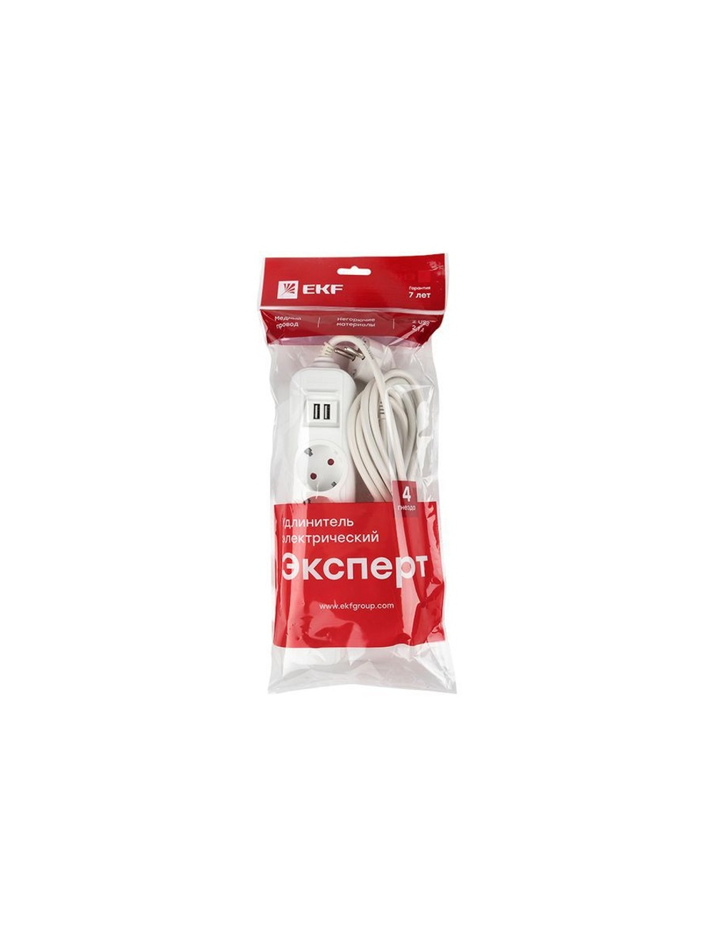 Удлинитель 4х5м 16А IP20 Эксперт 3.5кВт 2хUSB 2.1А ПВС 3х1 PROxima EKF UBA16-2USB-4-05i