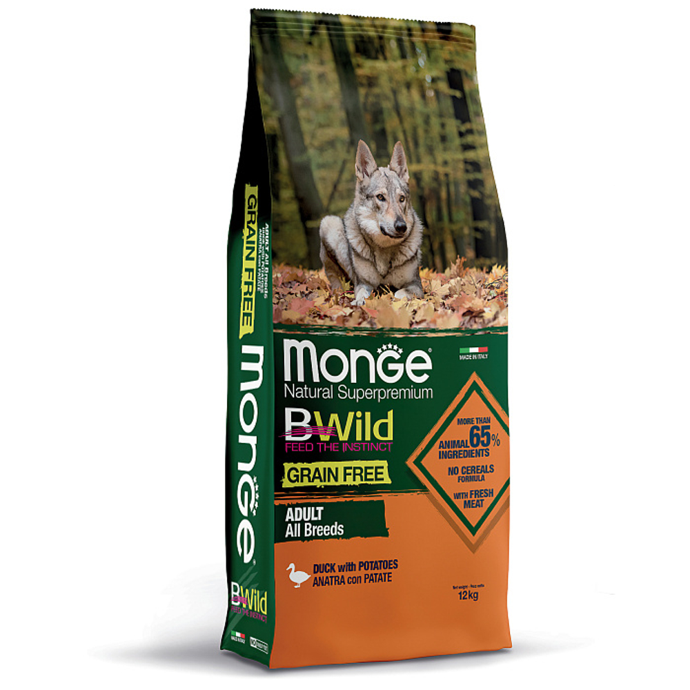 Беззерновой корм для собак Monge Dog BWild GRAIN FREE, утка с картофелем 12 кг