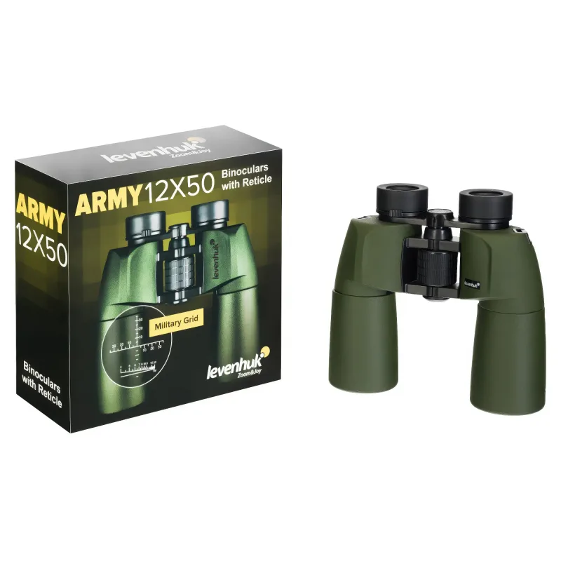 Бинокль Levenhuk Army 12x50 с сеткой и коробка, вид спереди