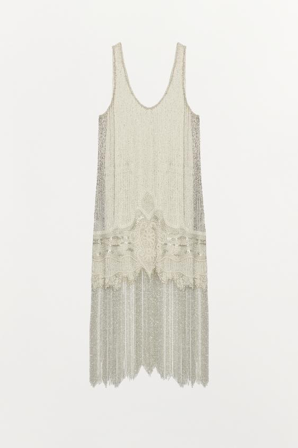 ZARA ПЛАТЬЕ С БРЕТЕЛЯМИ, БУСИНАМИ И БАХРОМОЙ — ZW COLLECTION, ЖЕМЧУЖНЫЙ/БЕЖЕВЫЙ