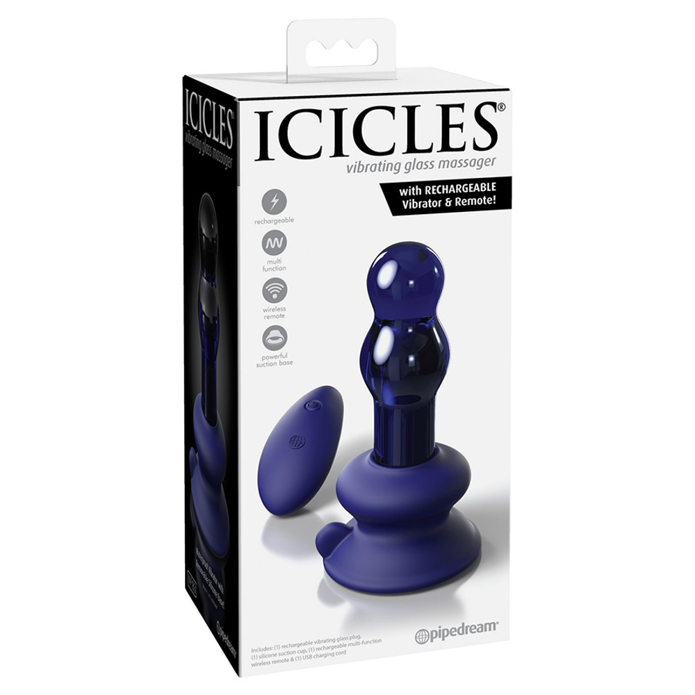 Синий стеклянный вибростимулятор 10,6см с пультом ДУ и присоской PipeDream Icicles #83 with Rechargeable Vibrator and Remote Glass Massager 288314