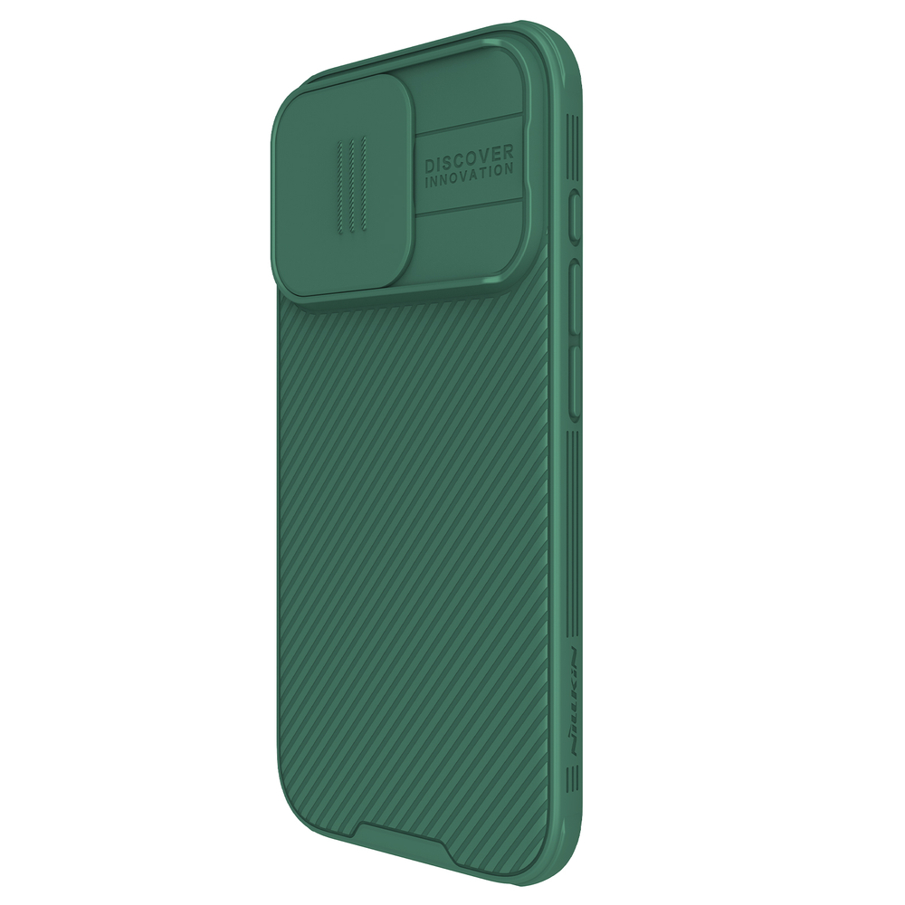 Чехол зеленого цвета (Dark Green) от Nillkin c поддержкой магнитной зарядки MagSafe для iPhone 16 Pro, с защитной шторкой камеры, серия CamShield Pro Magnetic