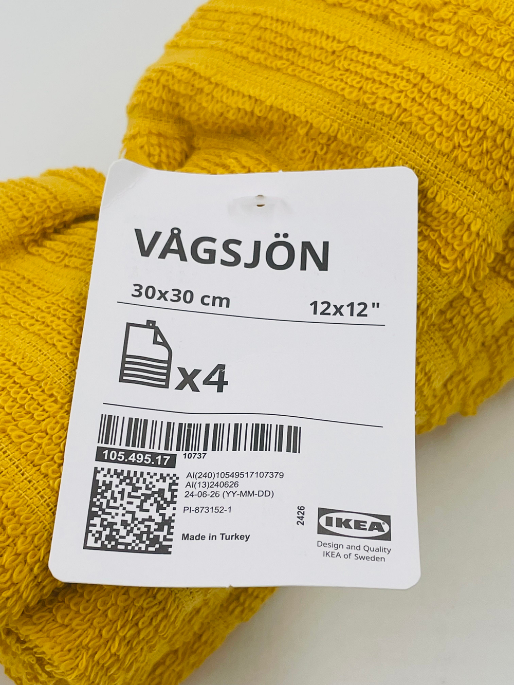IKEA Набор полотенец для рук и лица VAGSJON, желтое, 30х30 см, 4 шт. (из Эстонии)