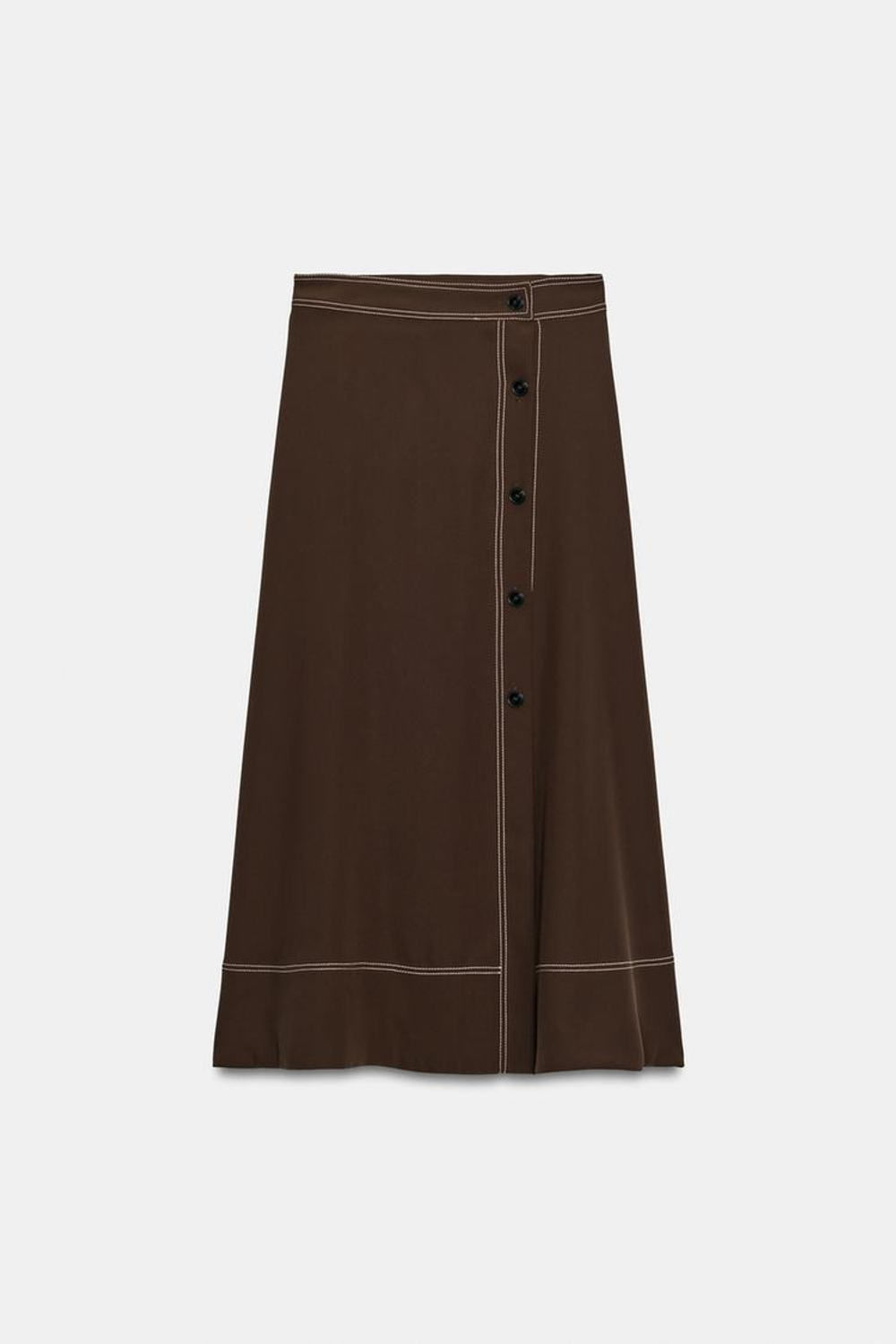 ZARA ЮБКА МИДИ С КОНТРАСТНОЙ ОТСТРОЧКОЙ, КОРИЧНЕВЫЙ