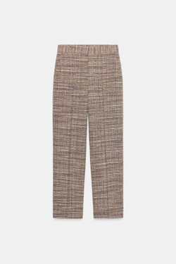 ZARA ПРЯМЫЕ БРЮКИ ИЗ РЕЛЬЕФНОЙ ТКАНИ, КОРИЧНЕВЫЙ/ЭКРЮ