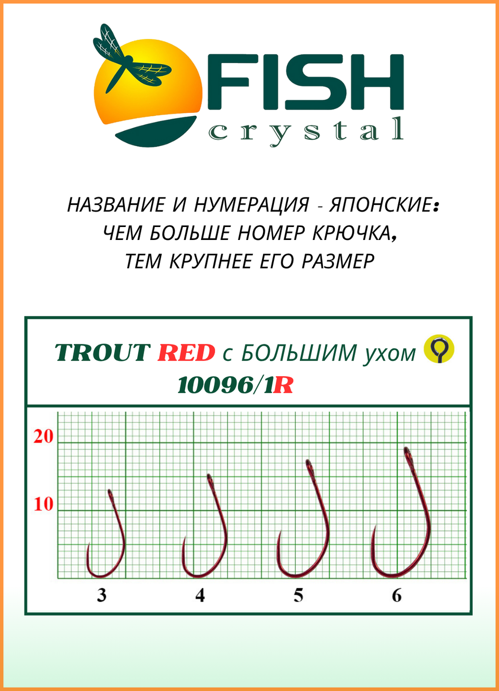 Крючок рыболовный Fish Crystal TROUT RED 10096/1R с большим ушком, без бородки №6 (5 упаковок)