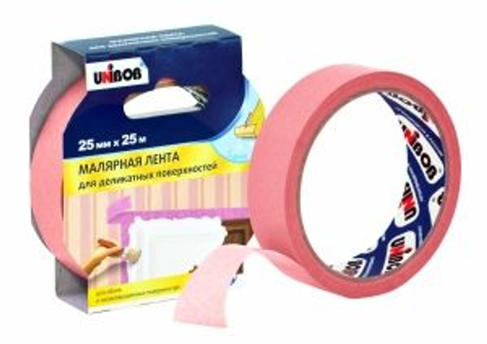 Скотч Unibob 25мм*25м для деликатных поверхностей розовый не оригинал