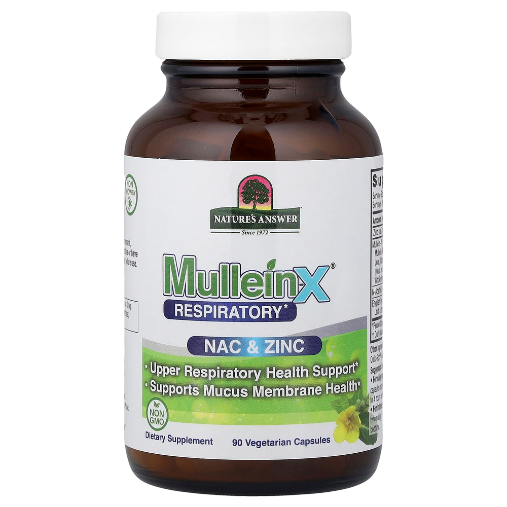 Nature's Answer, MulleinX® Respiratory, поддержка дыхательной системы, NAC и цинк, 90 вегетарианских капсул