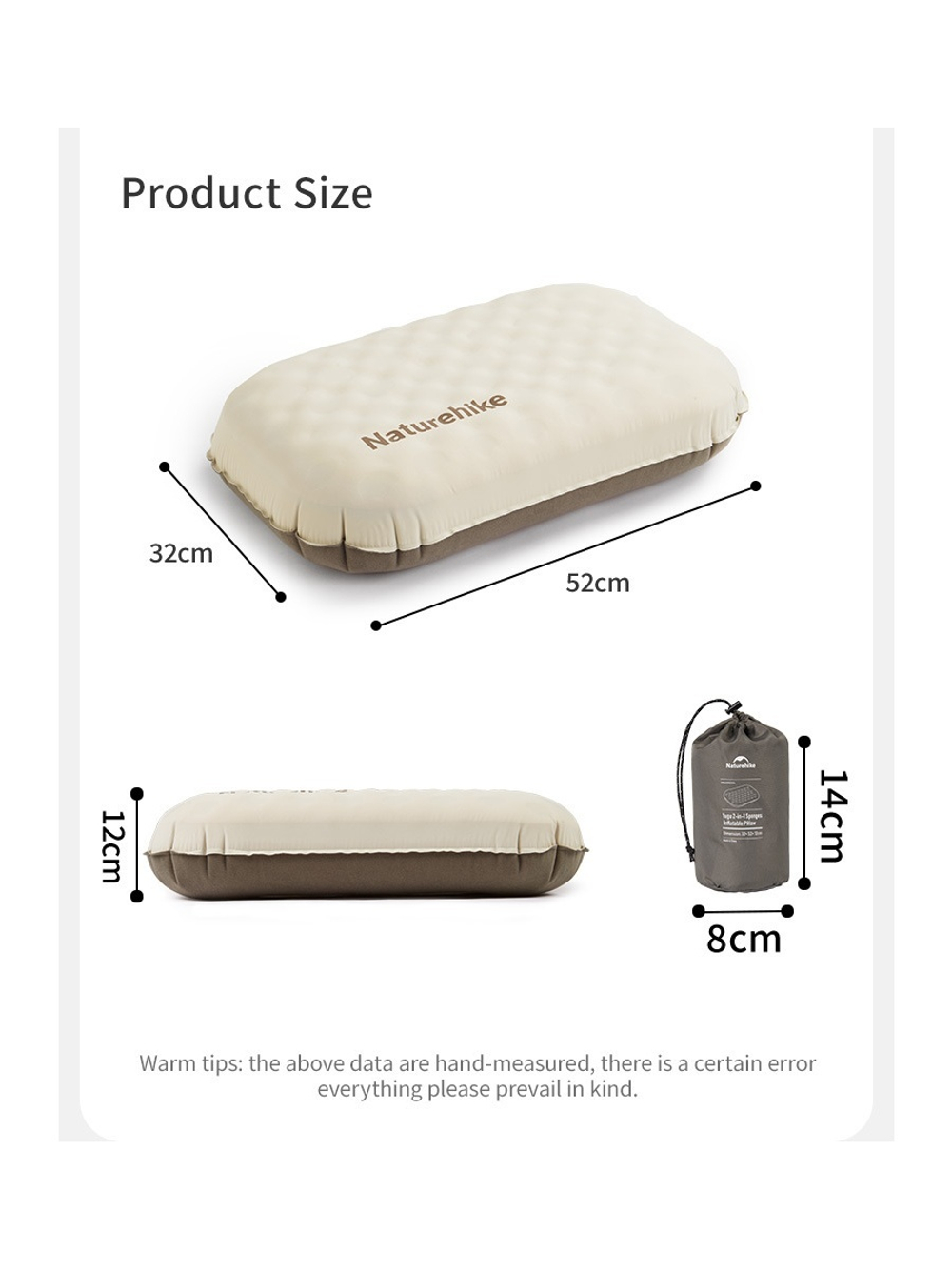 Подушка надувная Naturehike 52х32x12 см, бежевая