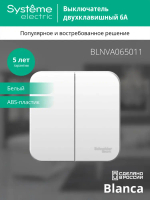 BLANCA О/У 2-клавишный ВЫКЛЮЧАТЕЛЬ (сх.5) ИЗОЛ.ПЛ., 6А, 250В,БЕЛЫЙ