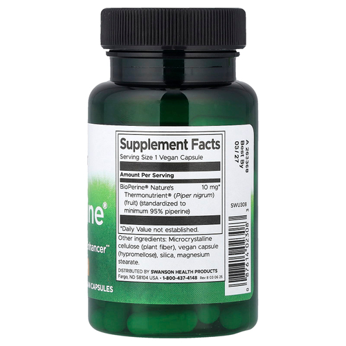 Swanson Vitamins, BioPerine®, 10 мг, 60 веганских капсул