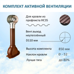 Комплект активной вентиляции: Вентиляционный выход D110 не утепленный высота H=500 мм, проходной элемент PROF-35 для металлопрофиля кровельного профнастила 35мм, турбодефлектор Ø 110 мм из оцинкованного металла, коричневый