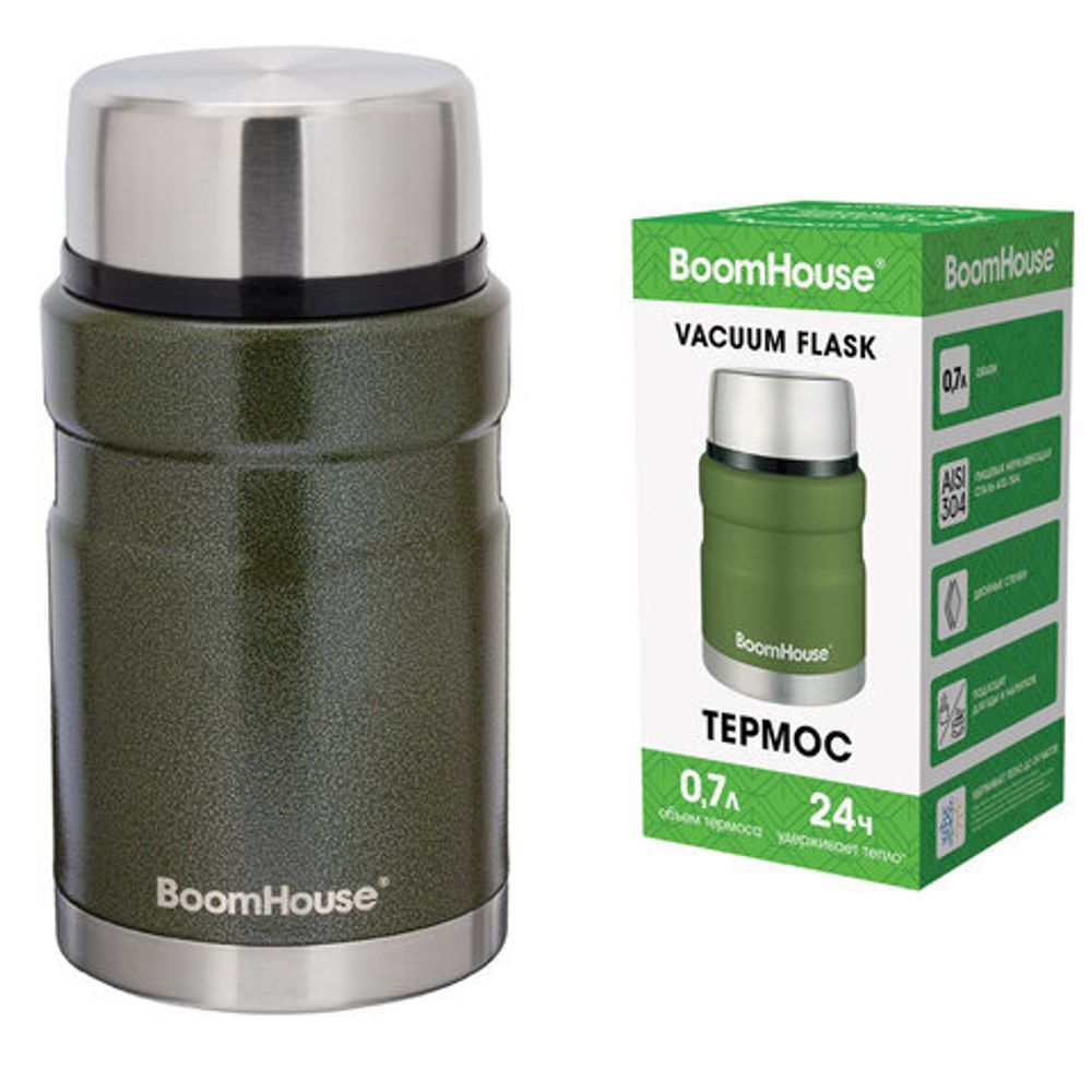 Термос 0,7 л для еды/напитков с широким горлом, BOOMHOUSE (БУМХАУС) RIBBED, нержавеющая сталь SUS304, оливковый, 700321