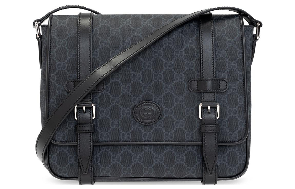 GUCCI Leather Messenger Bag, Shoulder Bag, Crossbody Bag Men"s Black Gray