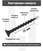 Саморез по дереву 3,5 × 35 мм, чёрный, потайная головка, 1 шт.