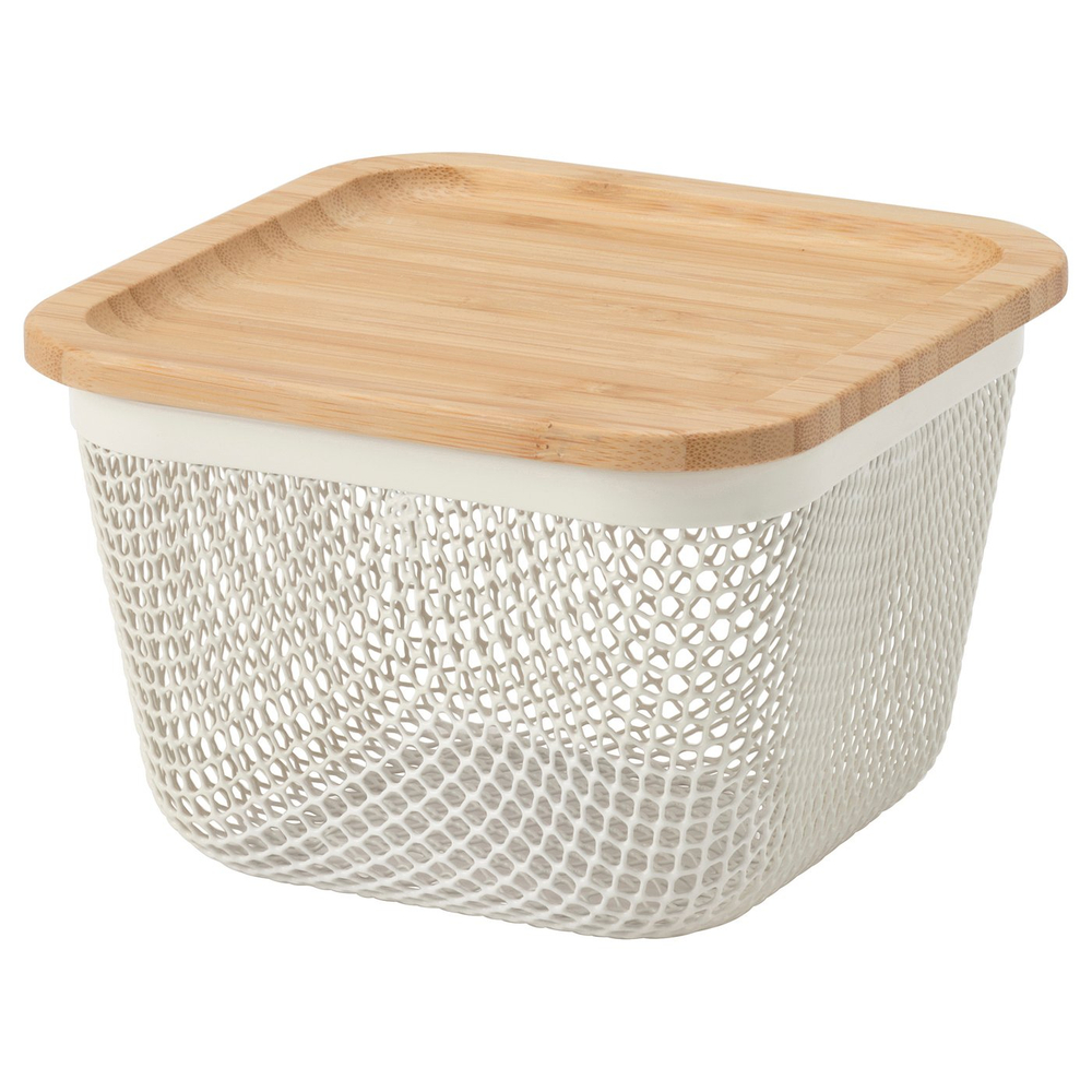 IKEA 365+  (ИКЕА 365+)  -  Корзина для еды с крышкой - квадратная металл/белый бамбук 15x15x11 см