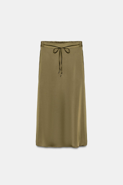 ZARA АТЛАСНАЯ ЮБКА МИДИ С ПОЯСОМ, ТЕМНО-ОЛИВКОВЫЙ