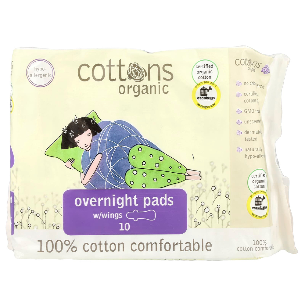 Cottons, Ночные прокладки с крылышками, покрывающий слой из 100% чистого хлопка, для большого объема выделений, 10 штук