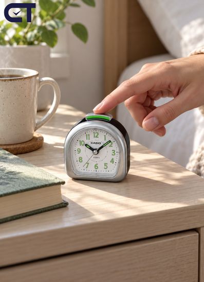 CASIO TQ-148-8D настольные часы-будильник — серебристый корпус размером 61×61 мм