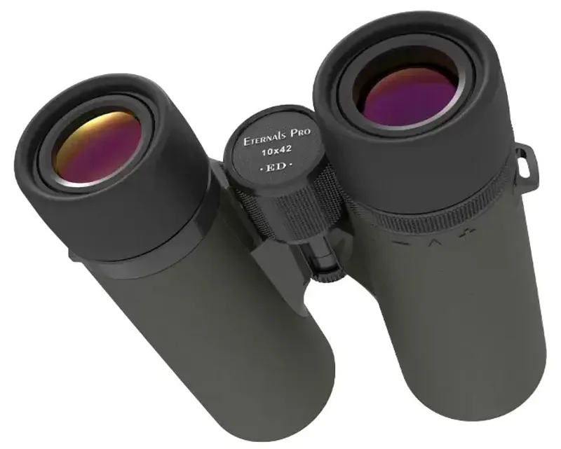 Бинокль MewLite Eternals Pro 10x42 ED Roof вид сбоку с красными линзами
