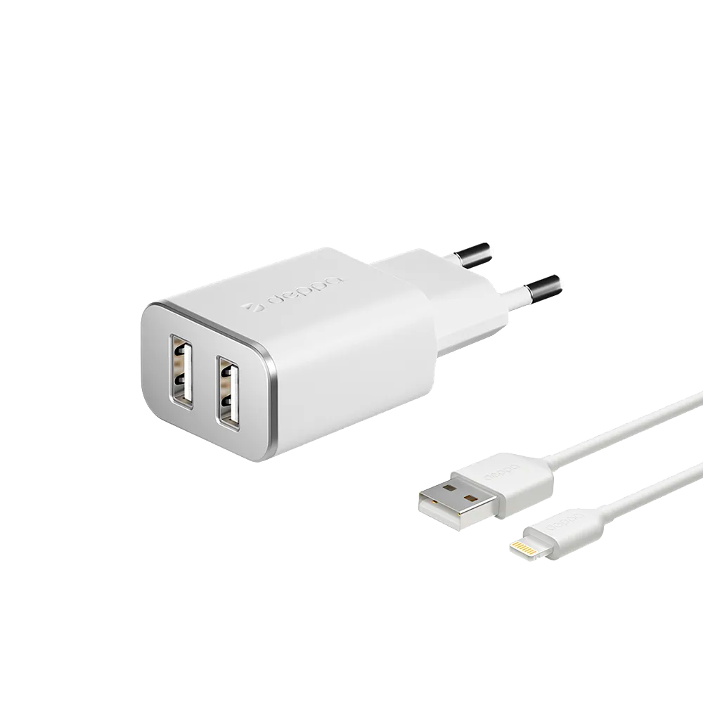 Сетевое зарядное устройство Deppa, 2 USB-A, 5 Вт, 2.4 А, White (Белый)