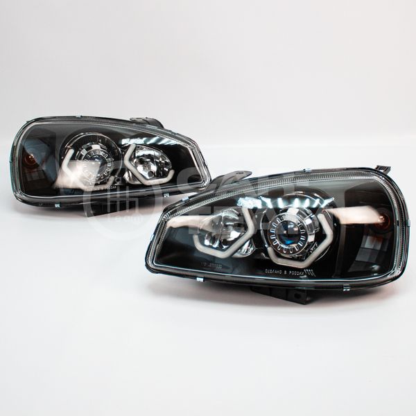 Фары Лада Калина 1 передние в стиле BMW с Bi LED модулями 2,0 дюйма, белые галочки (под ключ)