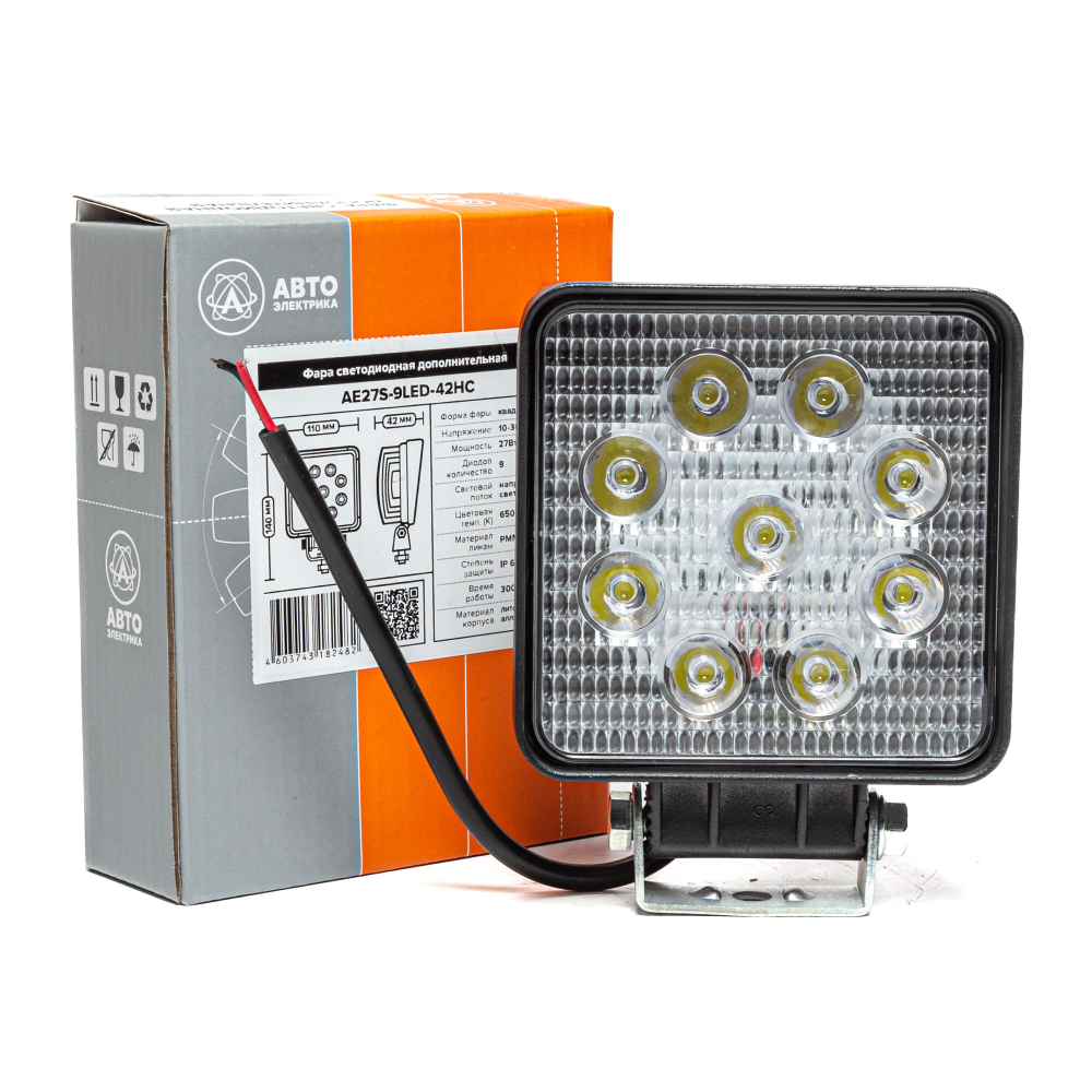 AE27S-9LED-42HC Фара светодиодная дополнительная, квадратная 110х42х140, направленный свет, 9 диодов, крепление по центру, 27 Вт, 10-30 В