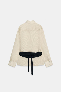 ZARA РУБАШКА В ПОЛОСКУ С ПОЯСОМ ZW COLLECTION, ЧЕРНЫЙ/ЭКРЮ