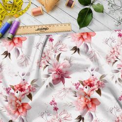 Ткань кулирная гладь утончённые нежные цветы на бежевом фоне