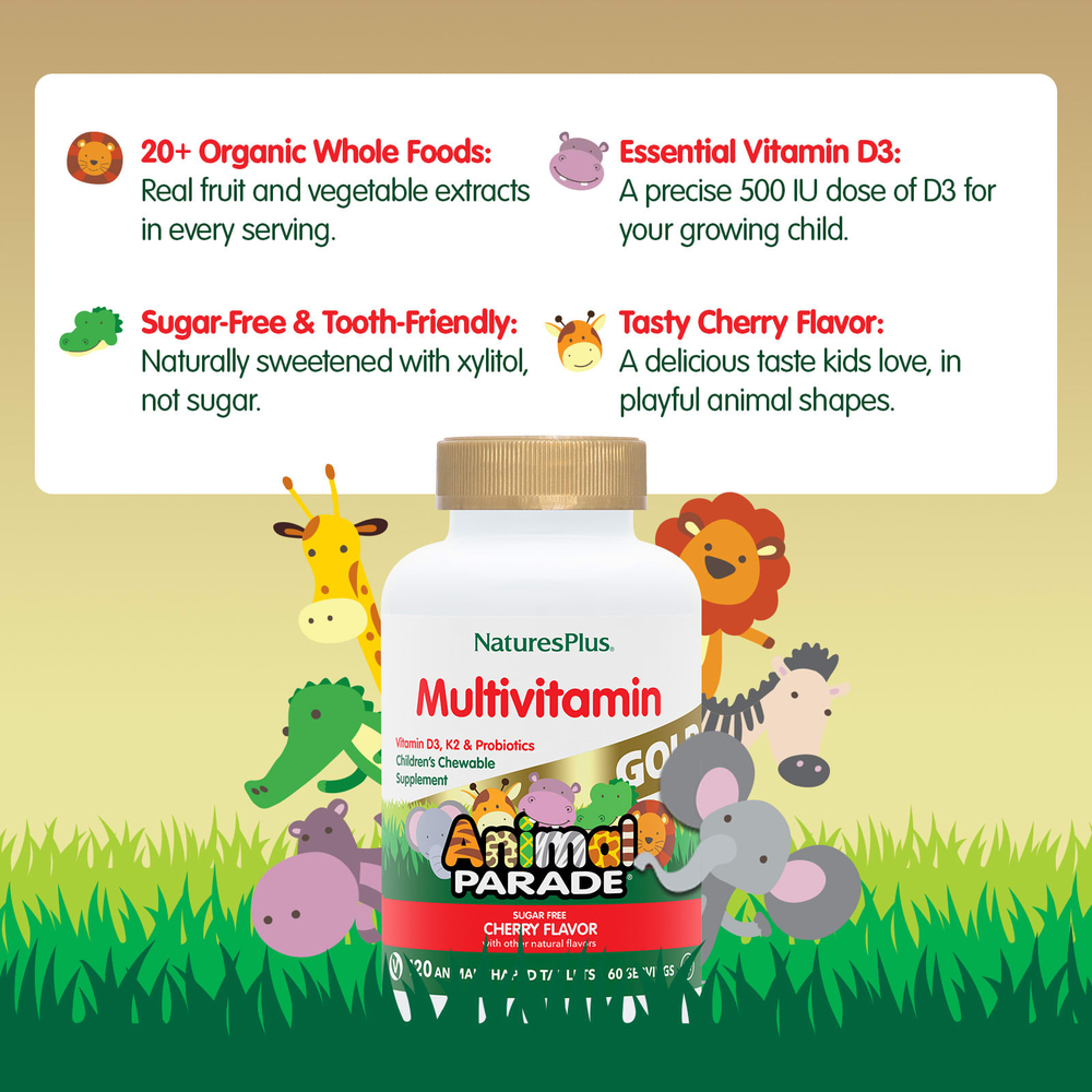 NaturesPlus, Animal Parade® Gold, жевательные мультивитамины для детей, со вкусом вишни, 120 таблеток в форме животных