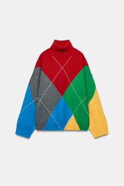 ZARA СВИТЕР ОВЕРСАЙЗ С УЗОРОМ «РОМБЫ», РАЗНОЦВЕТНЫЙ