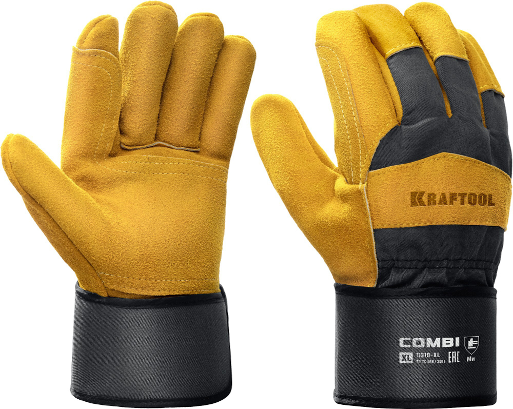 KRAFTOOL COMBI, XL (10) комбинированные двухслойные спилковые перчатки с доп. слоем на ладони (11310-XL)