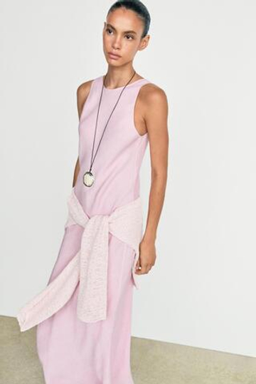 Massimo Dutti Струящееся льняное платье миди, пастельно-розовый