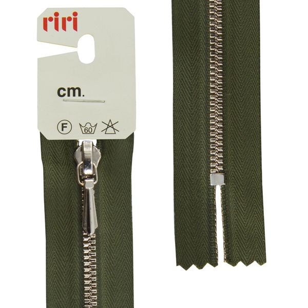 Молния металл RIRI Т3 (3 мм) 1 зам., н/раз., 18 см, Ni, слайд.Tropf, цв.2827, хаки, 1 шт
