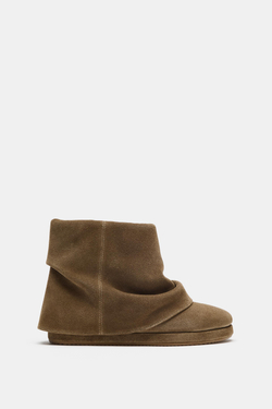 ZARA КОЖАНЫЕ БОТИЛЬОНЫ С ГЕТРАМИ, ЗЕЛЕНЫЙ ХАКИ
