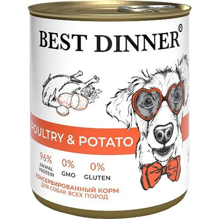 BEST DINNER Super Premium Влажный корм для собак и щенков всех пород с птицей и картофелем 0,85 кг