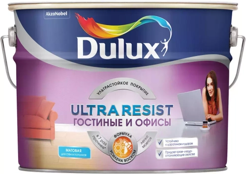 Краска для стен и потолков латексная Dulux Ultra Resist Для Гостиной и Офиса матовая база BW