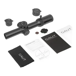 Прицел Gaut Obsidian 1-6x24, сетка 39, 0.1 МIL - комплект поставки, крышки, инструкция, салфетка