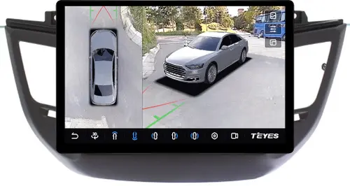 Магнитола для Hyundai Tucson 3 2015-2018 (штатная КЗВ, рамка черная) - Teyes CC3-2K-360 монитор 13" 2K QLED на Android 10, Быстрая, CarPlay, 4G SIM-слот, 4 камеры в комплекте