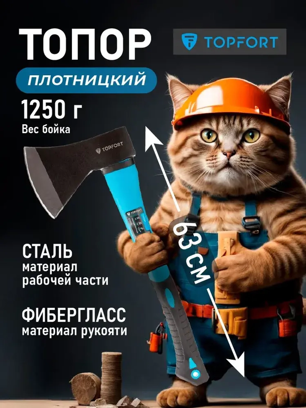 Топор 1250 г из углеродистой стали TOPFORT фибергласовое топорище