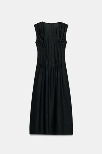 ZARA ЛЬНЯНОЕ ПЛАТЬЕ МИДИ С ДЕКОРАТИВНЫМИ ЗАЩИПАМИ, ЧЕРНЫЙ