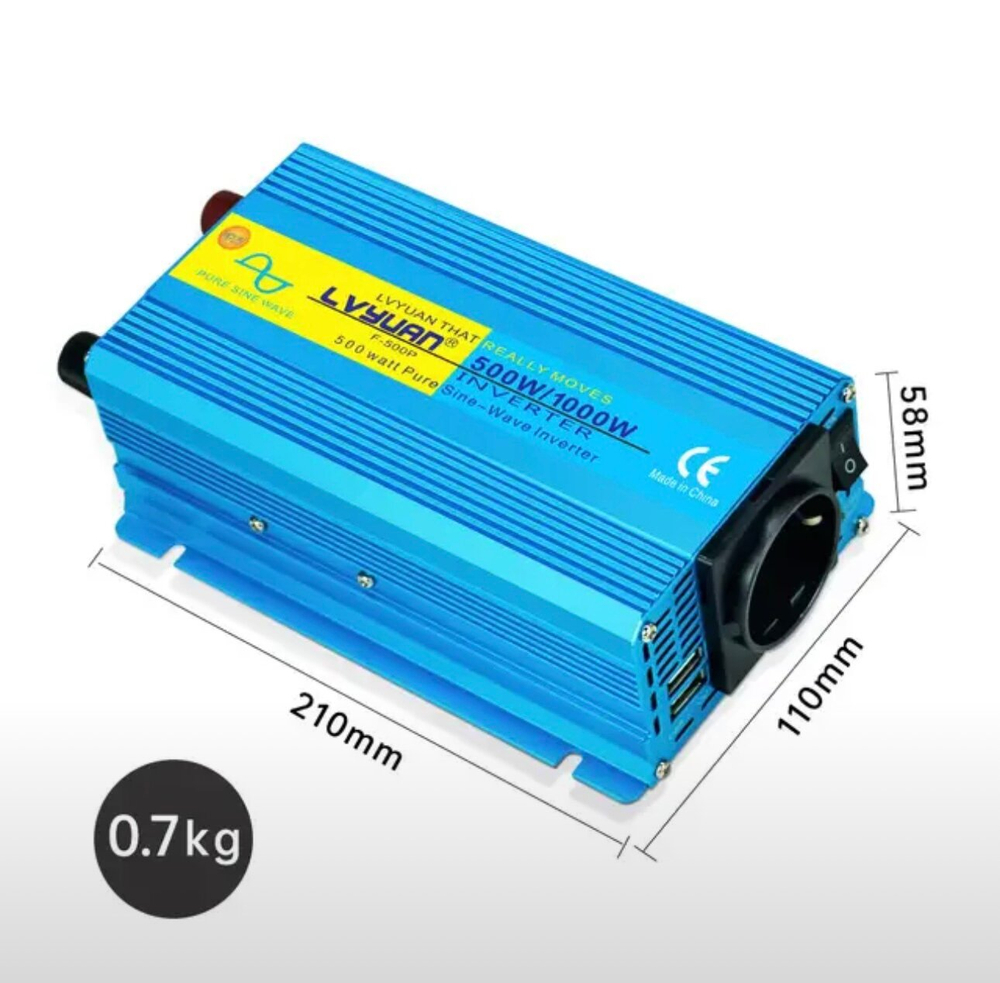 Инвертор 12V-220V 1000W/500W синий чистый синус Lvyuan F-500P
