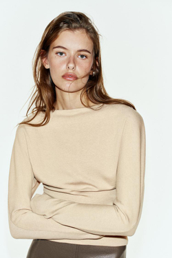 ZARA ФУТБОЛКА ОБТЯГИВАЮЩАЯ С ДЛИННЫМИ РУКАВАМИ, БЕЖЕВЫЙ МЕЛАНЖ