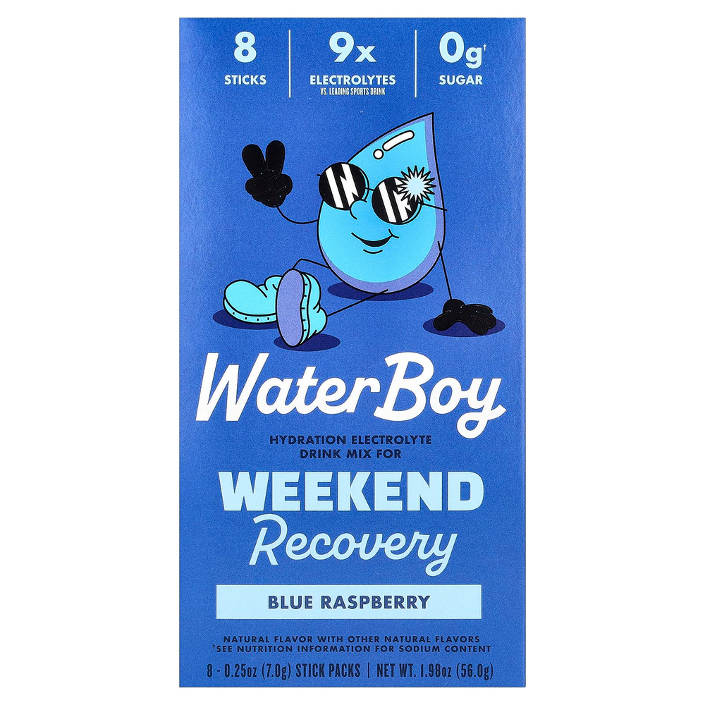 Waterboy, Weekend Recovery, смесь для приготовления напитков с электролитами для гидратации, голубая малина, 8 пакетиков по 7 г (0,25 унции)