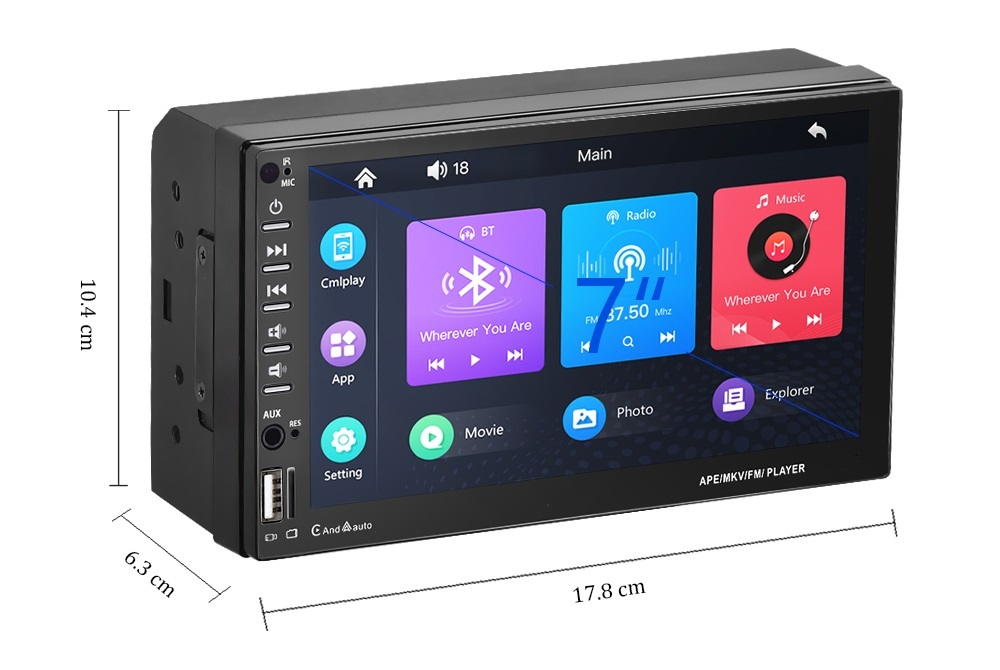 Автомагнитола сенсорная 7" 2DIN (Carplay, Android Auto, Bluetooth, USB, AUX, Mirror Link)