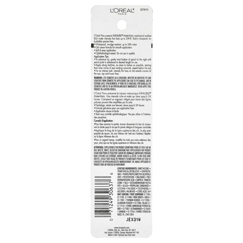 L'Oréal, Infallible®, механическая подводка для глаз с матовым эффектом, 512 оттенков черного, 280 мг (0,01 унции)