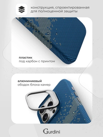 Чехол накладка iPhone 15 Pro 6.1" Gurdini Carbon Design (Magsafe & Lense holder) Galaxy Blue
