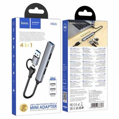 USB/Type-C hub 4-in-1 Hoco HB26 (USB/Type-C на USB3.0+USB2.0*3)