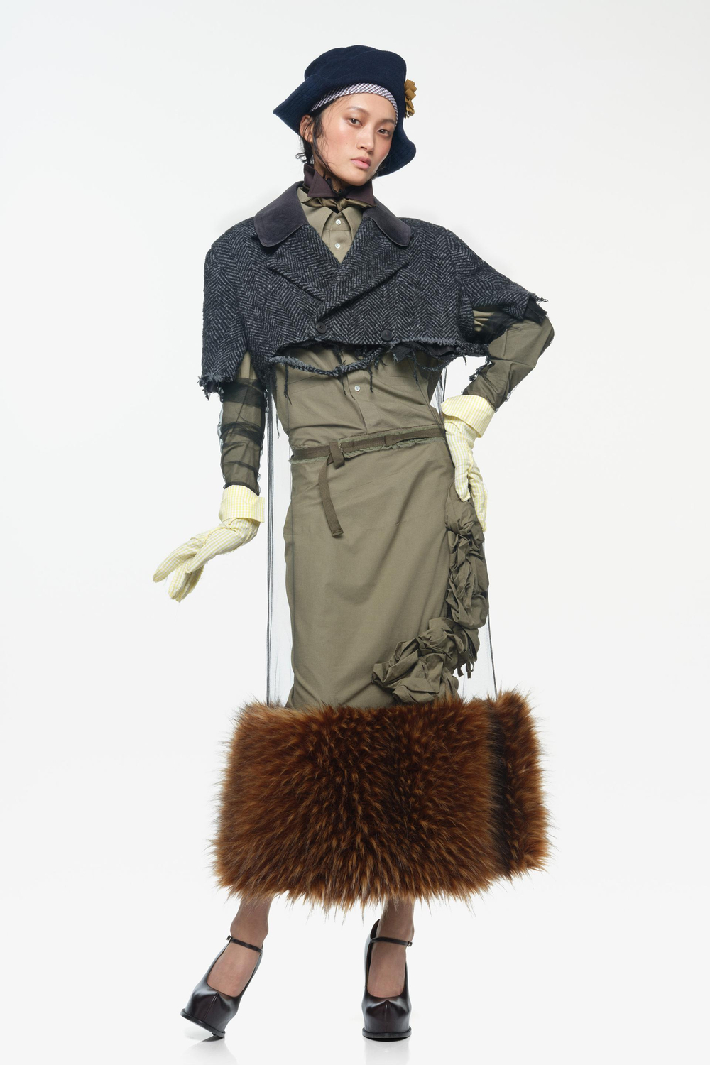 ZARA X JOHN GALLIANO ПЛАТЬЕ МИДИ ИЗ ПОЛУПРОЗРАЧНОЙ ТКАНИ С ИСКУССТВЕННЫМ МЕХОМ, КОРИЧНЕВЫЙ