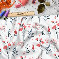 Ткань ниагара коралловые цветы и листья на белом фоне